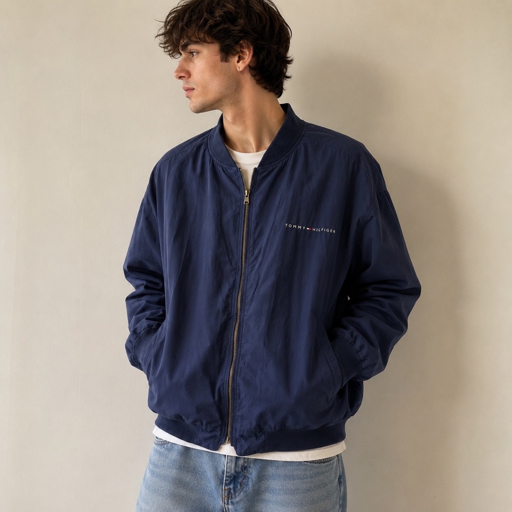PERRY ELLIS Bomber Jacket Silk Vintage 90s Mens XL Navy Blue Streetwear Zip